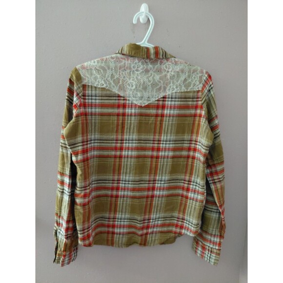 WRANGLER Womens Top SZ M Pearl Snap Button Lace Plaid Long Sleeve Rodeo - Picture 9 of 11
